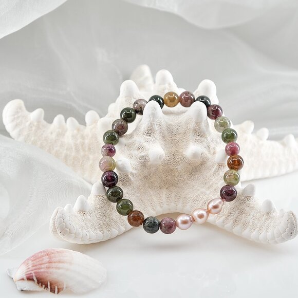 Tourmaline & Edison Pearl Bracelet, Dainty Stackable Stretch Bracelet - Picture 6 of 10